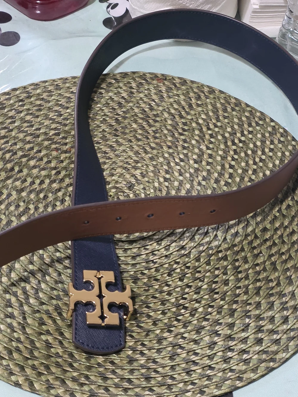 Women's Tan Leather reversible Belt with Gold Buckle Unbranded Used